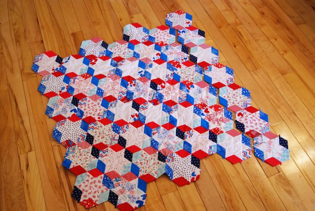 English paper pieced sixty degree diamonds in progress