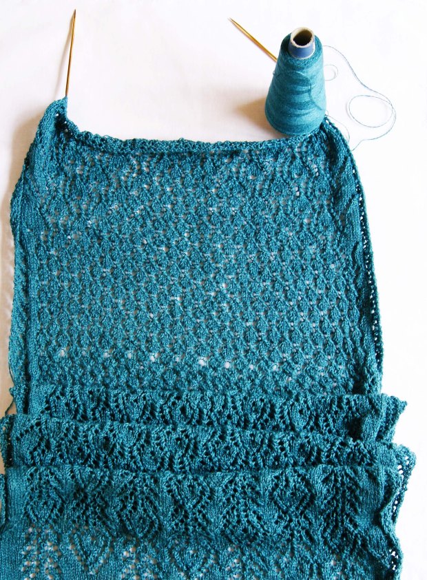 Peacock Feathers Stole in-progress, knit by Cara Brooke (That Crafty Cara)