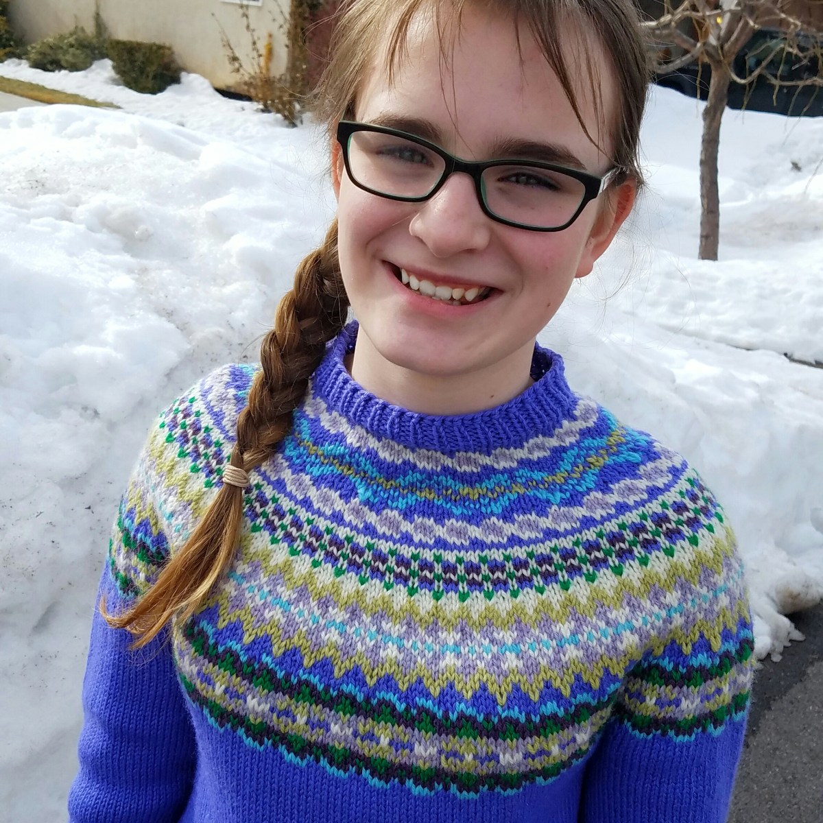 Purple Fair Isle Sweater designed and knit by Cara Brooke of That Crafty Cara for her daughter.