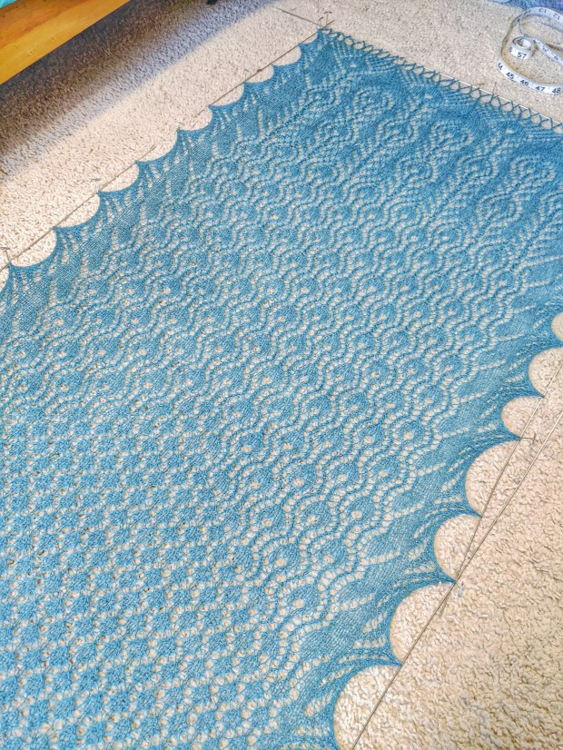 Peacock Feathers Stole knit by Cara Brooke of That Crafty Cara. Knit with Jaggerspun in Juniper.