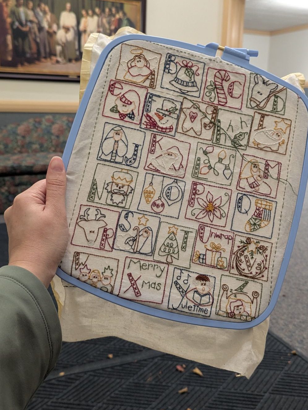 Rustic Christmas Alphabet Embroidery Sampler in folksy colors