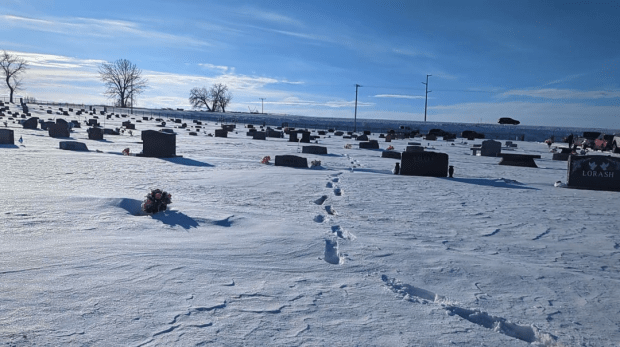 Snowy winter view of the Rockvale Cemetery in Montana