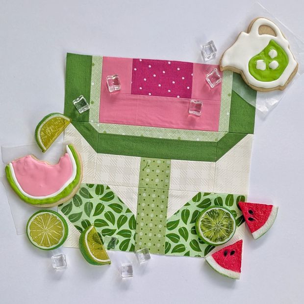 Sewcialites 3 Block #7 Flower made with green and pink fabrics and altered to look like a watermelon flower.