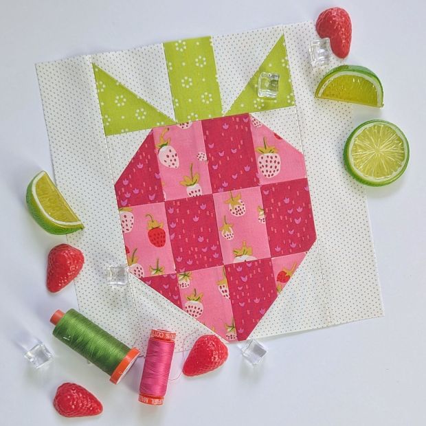 Sewcialites 3 Block #10 Little Berry made with pink and green fabrics.