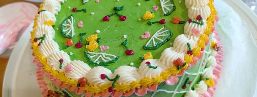 "Cherry Limeade" birthday cake, made by Renaissance Brooke in shades of green, yellow, red, pink and white.