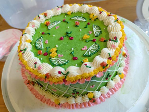 "Cherry Limeade" birthday cake, made by Renaissance Brooke in shades of green, yellow, red, pink and white.
