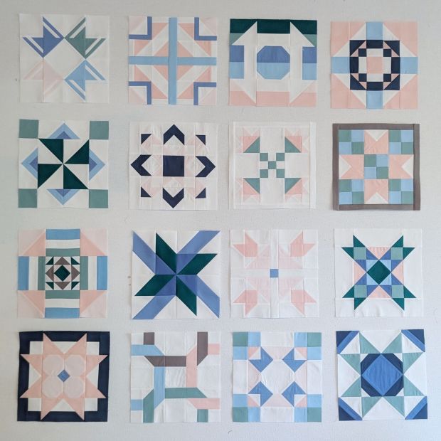 All the blocks in the Riley Blake Designs Block Challenge 2026 sew along, sewn by Cara Brooke of That Crafty Cara in blue, pink and green.