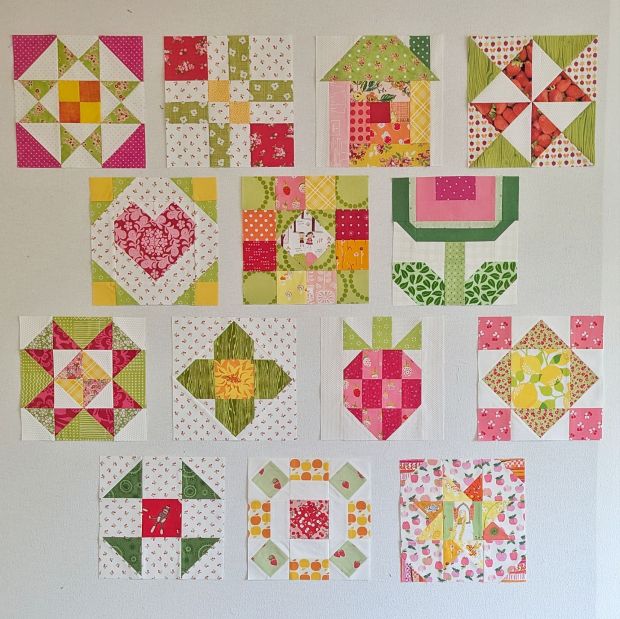 Blocks 1-14 in the Fat Quarter Shop Sewcialites 3 Sew Along, sewn in green, pink, red, orange and yellow fabrics.