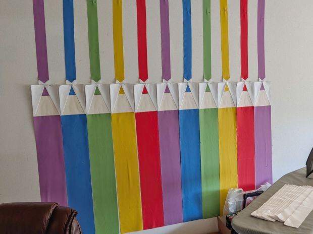 Rainbow Pencil Crayon quilt in-progress for an artist graduation