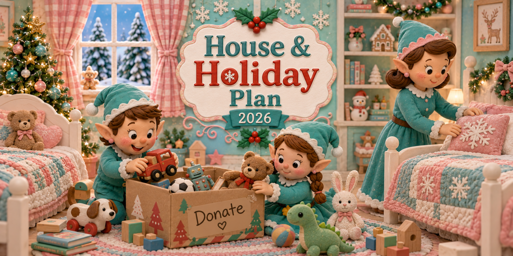 House & Holiday Plan Week 4 Close to Home banner featuring elves cleaning up a children's bedroom and donating toys to charity